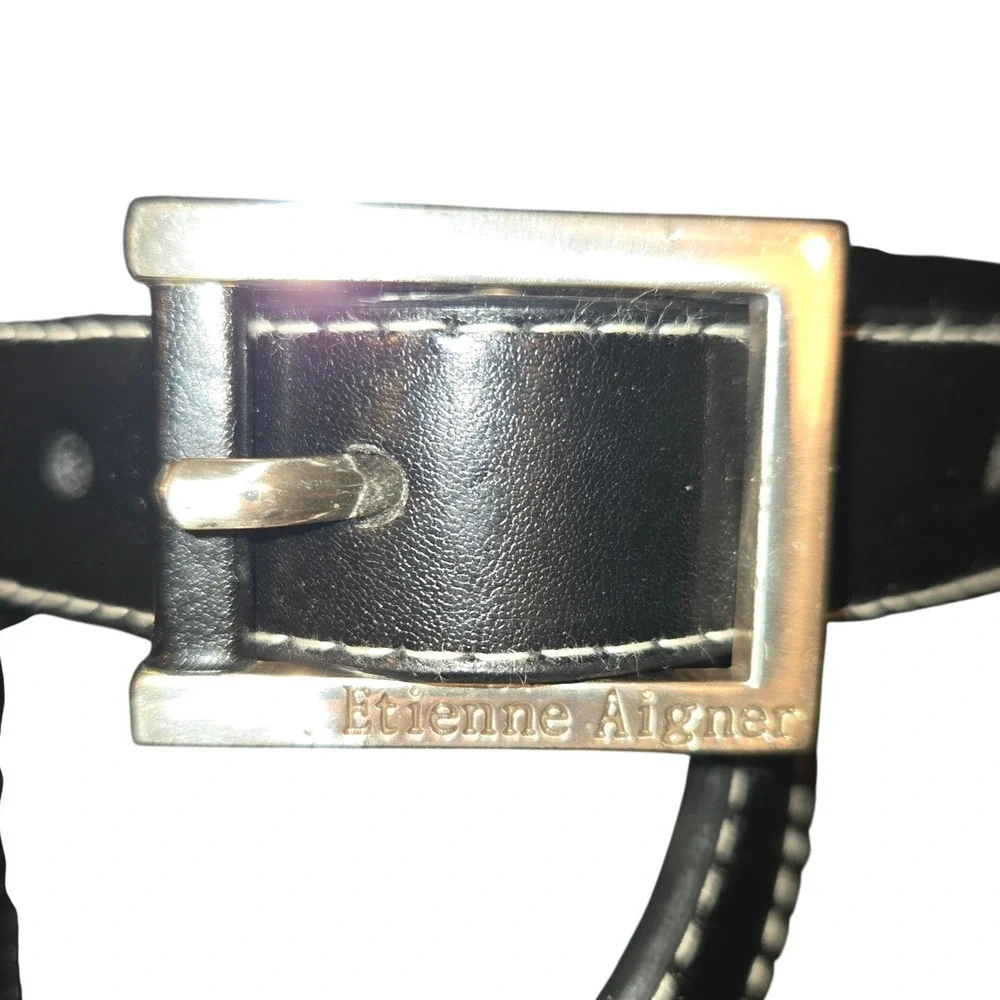 Etienne Aigner Belt Women Large Black Leather Silver Buckle Contrast Stitch 1126